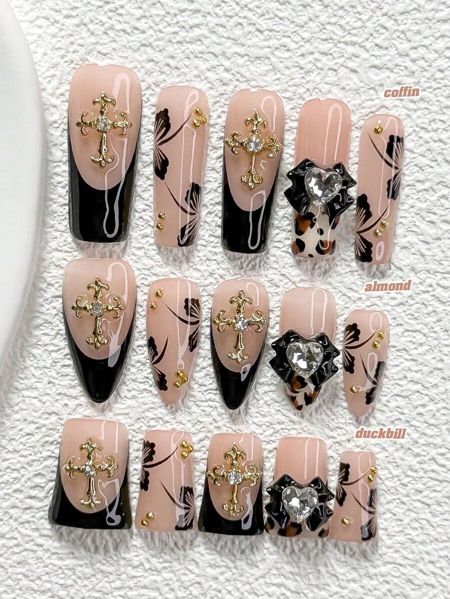 10Pcs Fashionable Style Handmade Press On Nail,Polygel Nail Set,Ballet Core Bows And Rhinestone Heart Accents,Brown And Black Nail Polish,Cool Style,Includes Nail Tools,3 Sizes Available,Almond,Duck,Coffin Nails For Party,Dance,Daily Wear. - 彩色 - 查看 1