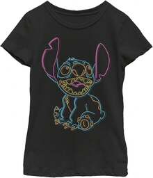 Girl's LILOS & STITCHS Bright Neon Outline T-Shirt Men Clothes,Tops For Women,Women Tops,Girls Clothes,Boys Clothes,Boys Tshirt,Tops For Girls,Summer Clothes,Funny T Shirts,Graphic Tee,Gym T Shirt,Tops For Going Out,Summer Holiday Outfits - Black - View 1