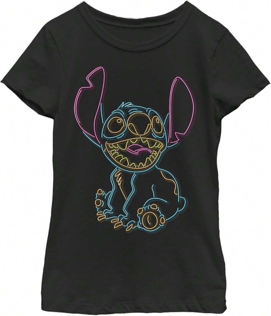 Girl's LILOS & STITCHS Bright Neon Outline T-Shirt Men Clothes,Tops For Women,Women Tops,Girls Clothes,Boys Clothes,Boys Tshirt,Tops For Girls,Summer Clothes,Funny T Shirts,Graphic Tee,Gym T Shirt,Tops For Going Out,Summer Holiday Outfits - Black - View 1