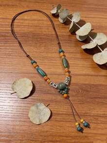 1pc Handmade Ceramic Beaded Necklace, Adjustable Length, Bohemian Style For Women - Multicolor - View 4