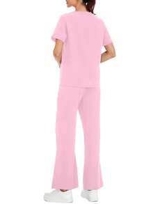 1 Set Solid V-Neck Short Sleeve Top And Split Pants, Pocket Workwear Scrub Suit For Veterinary Hospital, Clinic, Private Care Pink Fall - Pink - View 4