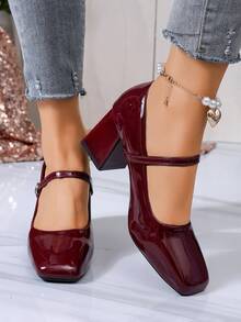 女士方头粗跟时尚简约亮面新款休闲一脚蹬鞋，适合所有季节 - 酒紅色 - 查看 4