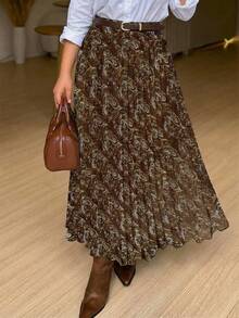 女士优雅佩斯利印花褶裥松紧腰半身裙，适合日常通勤，春夏穿着 - 水上芭蕾 - 查看 4