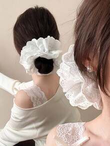 1pc Women's Extra Large 18cm/7.09in Pure Silk Solid Color 4-Layer Lace Pleated Scrunchie Hair Accessory, Fashionable Versatile Elegant Minimalist Scrunchie Hair Tie, Suitable For Daily Casual, Party, Commute, Vacation, Ponytail, Bun, Face Washing, Makeup, Outfit Matching Scrunchy Hair Ties - White - View 3