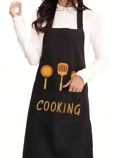 1pc Kitchen Apron With 2 Pockets, Waterproof And Oil-Proof Cooking Apron For Women And Men, Adjustable Neck Strap, Moisture-Proof And Grease-Proof, With Two Pockets, Unisex Kitchen Apron Suitable For Restaurant And Home Cooking (Black)