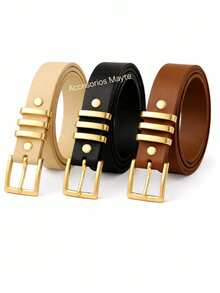 Set Of 3 Women's Belts With Square Buckle, Plus Size - đen, be, caramel - Xem 4