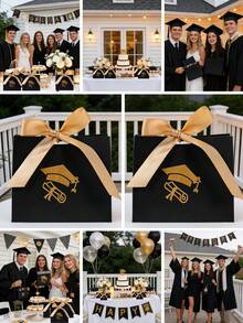 5个优雅黑色毕业礼品袋，饰以金色箔纸和缎带，内含毕业帽、毕业证书和缎带——是毕业派对用品和礼品包装的完美之选 - 多色 - 查看 9