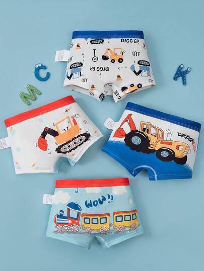 4pcs/Set Young Boy New Blue Engineering Truck Print Boxers, Kids Underwear Shorts Set