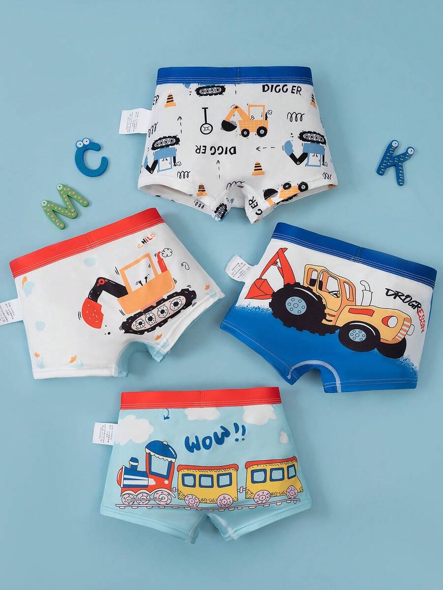 Set de 4 boxers estampados con camiones de ingeniería azules para niños, shorts de ropa interior para niños - Azul y blanco - Ver 1