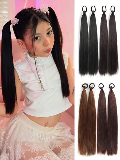 Tóc nối dài thẳng kiểu đuôi ngựa đôi, chất liệu tổng hợp, màu nâu đen, có dây chun, thích hợp cho bé gái và trẻ em sử dụng hàng ngày và trong các dịp lễ.