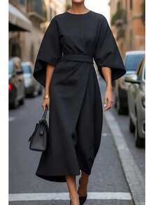 2026 Women S European American Fashion Elegant Solid Color Waist Cinching Bat Sleeve Long Dress Casual Party Work Office Dresses - 黑色 - 查看 12