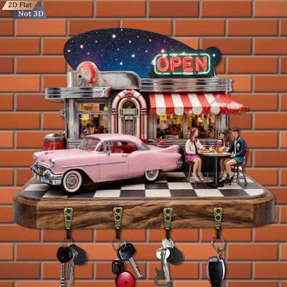 2D Flat, Vintage 1950s Diner Wall-Mounted Key Holder With Pink Car And Neon-Style "Open" Sign - Vintage Wooden Key Holder With 4 Metal Hooks, Suitable For Home, Porch, For Man Cave - Mid-Century Modern Decor