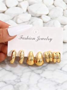 1 Set Fashionable Minimalist Retro CCB Metal Twisted Stripe Geometric Pattern Multi-Element Earrings Set, Suitable For Women's Daily Wear, Birthday Gift For Friends - Yellow Gold - View 7