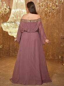 SUPGIR Robe à manches chauve-souris avec épaules dénudées avec patchwork de broderie de sequins de luxe, jupe fluide, robe de soirée formelle - Vieux Rose - Voir 2