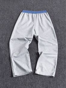 1 pieza Pantalón de chándal de pierna recta y corte holgado para hombre, diseño de parche en la cintura, bolsillos laterales, pantalón cómodo de estilo deportivo para primavera/otoño, tela de punto, material duradero - Gris - Ver 4