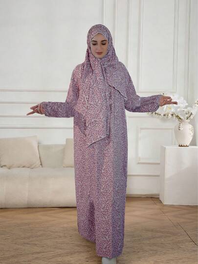 Bộ Abaya hoa 2 mảnh: Áo choàng rộng & khăn trùm đầu + váy dài, trang phục kín đáo, dáng rộng, thoải mái & tôn dáng, cỡ lớn, tay dài, bộ 2 mảnh thoáng khí in họa tiết hoa, trang phục cầu nguyện kín đáo, phong cách nhẹ nhàng, bộ 2 mảnh phổ biến ở Trung Đông & Đông Nam Á.