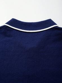Men's Neutral Knitted Polo Collar Casual Commute Versatile Business Fit Short Sleeve Pullover T-Shirt Top Spring Summer - Navy Blue - View 8
