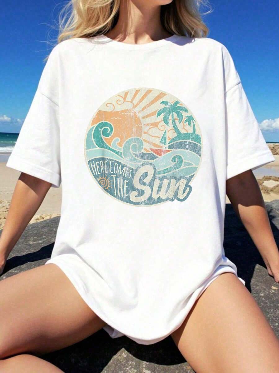 Camiseta de Verano Retro de los 60s "Here Comes The Sun" Unisex 100% Algodón, Camiseta de Manga Corta de Algodón para Hombre - Blanco - Ver 1