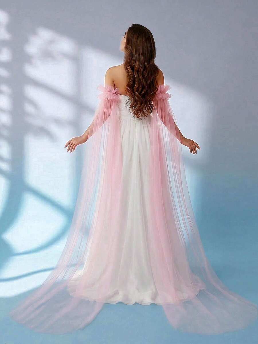 2pcs Pink One Size Fits Most Women Sleeve Cuffs, Floor Length Ruffle Pearl Decor Sleeve Cuffs, Suitable For Bride Wedding, Wedding Photography, Beach Vacation, Party Dress Accessories - 淺粉色 - 查看 1