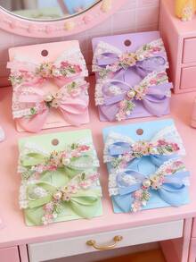 Set de 2 pinzas para el cabello de niña con lazo bordado, adecuadas para uso diario, bailes, fiestas, cumpleaños, escuela y otras ocasiones, accesorios para el cabello elegantes y de moda para niñas - Multicolor - Ver 1