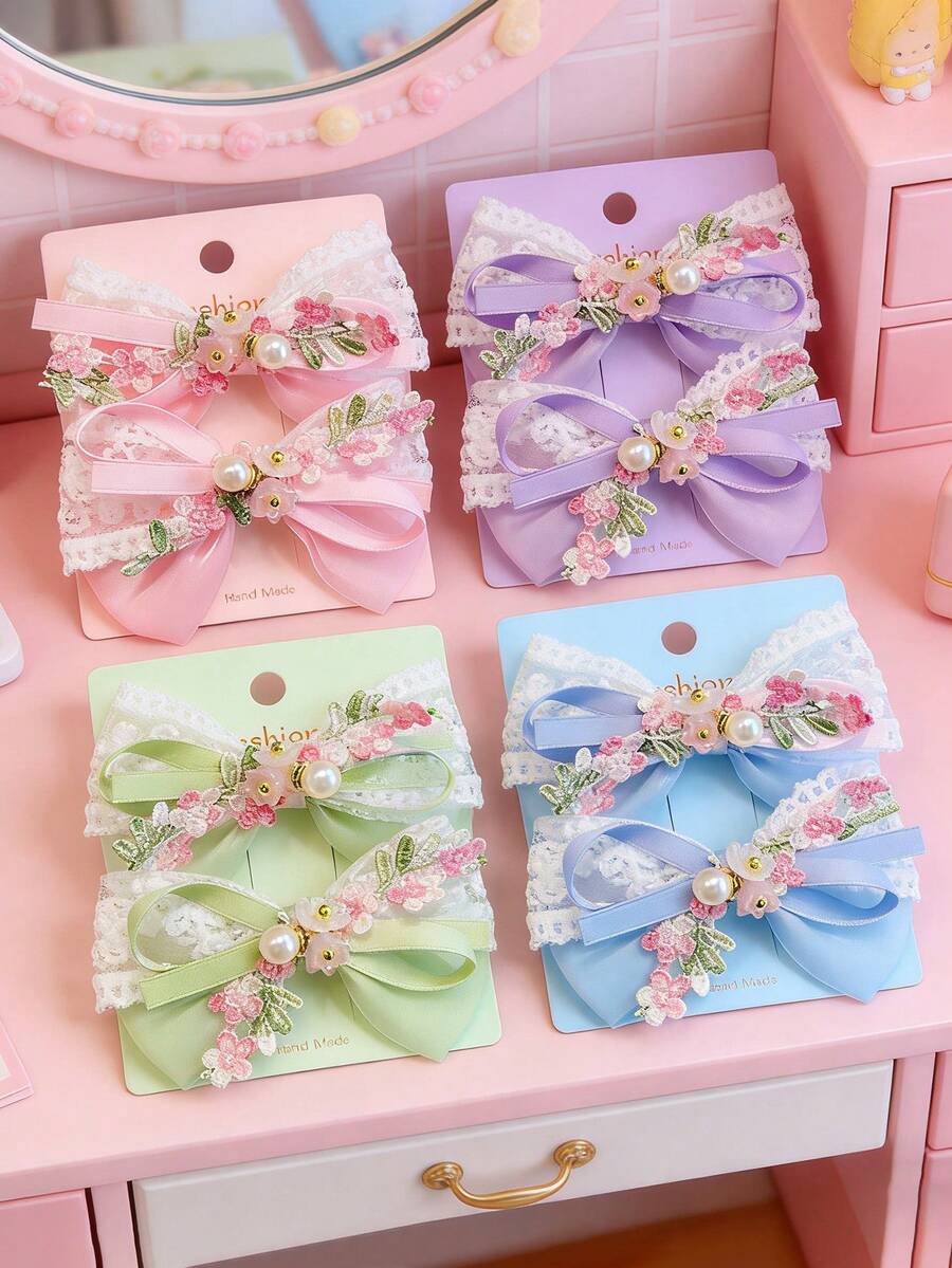 Set de 2 pinzas para el cabello de niña con lazo bordado, adecuadas para uso diario, bailes, fiestas, cumpleaños, escuela y otras ocasiones, accesorios para el cabello elegantes y de moda para niñas - Multicolor - Ver 1