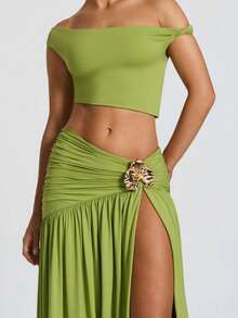 Women's Two-Piece Sets 2026 Summer New Arrival Sexy Spicy Girl One Shoulder Navel-Baring Ruched Metal Decor Beach Vacation Resort Wear Long Maxi Skirt 2 Piece Outfit - màu xanh lá - Xem 2