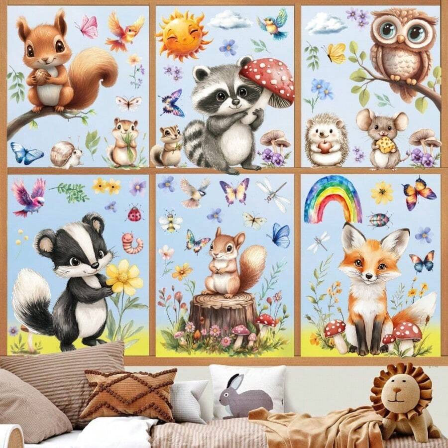 Conjunto de 9 adesivos de janela com animais da floresta em estilo desenho animado, perfeitos para a primavera. Adesivos estáticos de PVC com bichinhos fofos como coelhos, esquilos e raposas, além de elementos florais. Ideais para festas de primavera, decoração de vitrines de shoppings e salas de estar. - Adesivos de janela de primavera com animais de desenho animado - Ver 1