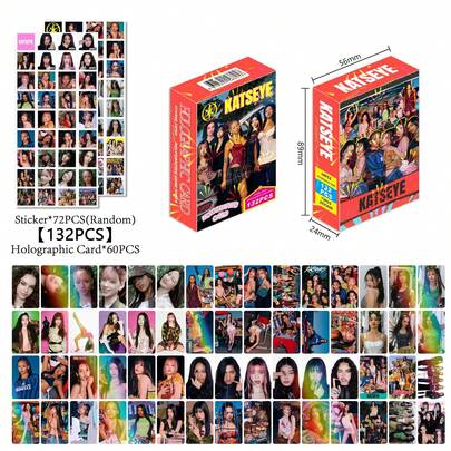 132 piezas Colección de tarjetas KATSEYE holográficas de estrellas, pegatinas, tarjetas LOMO flash de doble cara, set con caja