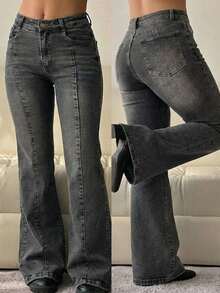 Women's Grunge Style Wide Leg Denim Jeans, Washed Gray With Button And Zipper, Comfortable Slight Stretch Fabric - 灰色 - 查看 1