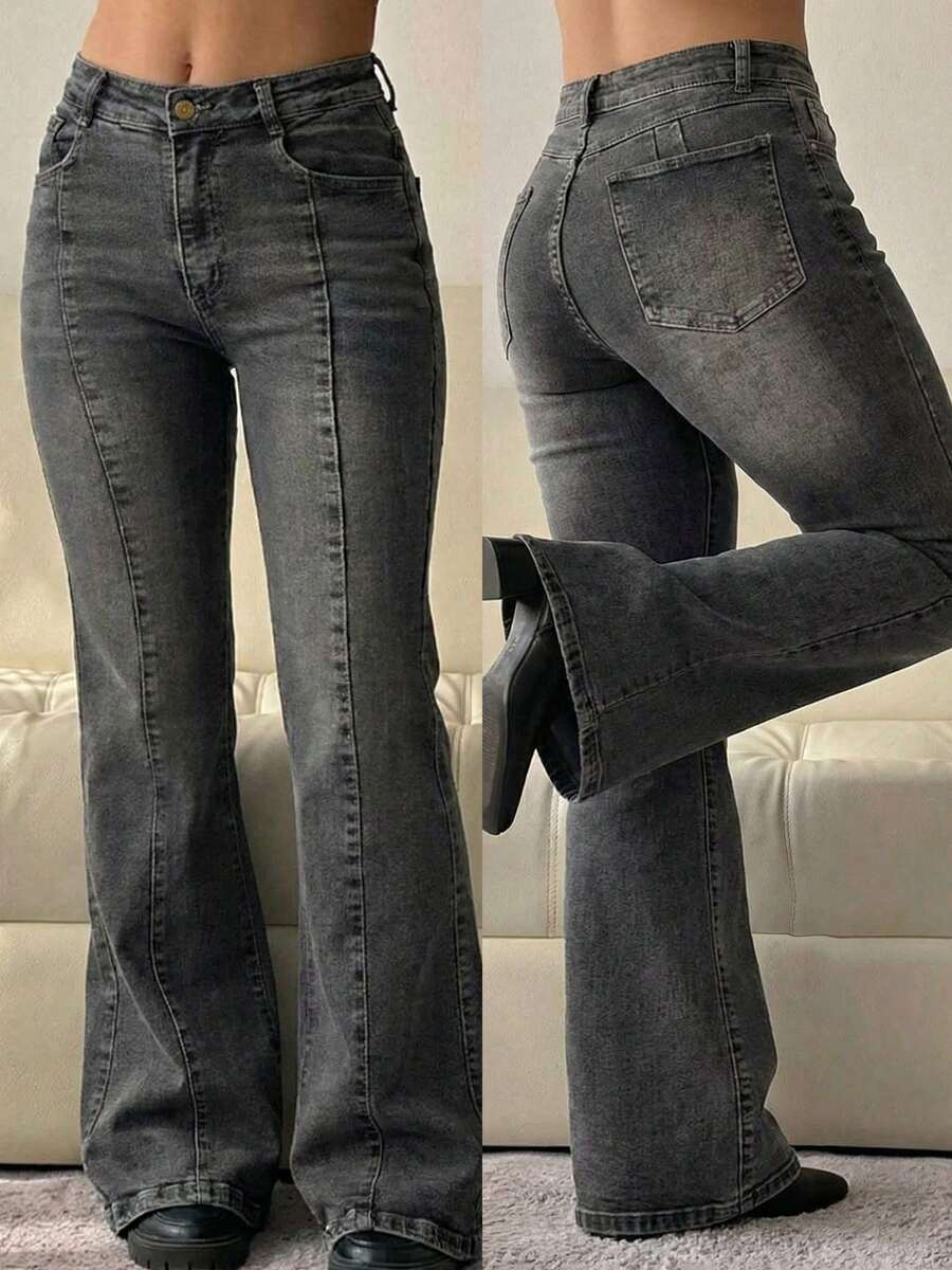 Women's Grunge Style Wide Leg Denim Jeans, Washed Gray With Button And Zipper, Comfortable Slight Stretch Fabric - 灰色 - 查看 1