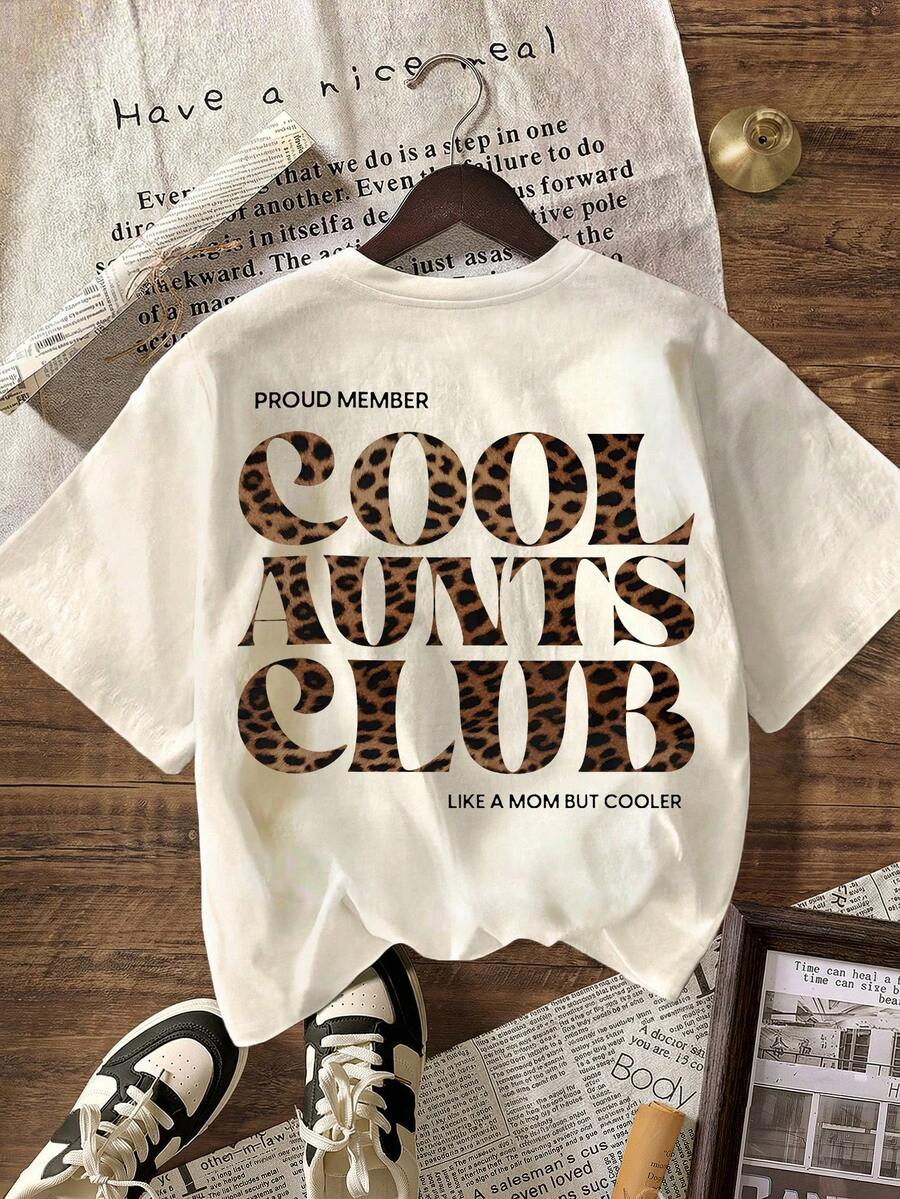 酷阿姨俱乐部豹纹印花T恤，女士休闲圆领短袖T恤，适合夏季度假穿着，白色 - 白色 - 查看 1