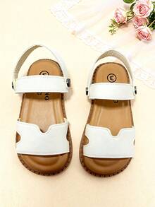 1 Pair Beige Children's Sandals, Girls' Summer Sandals, Open Toe Flat Sandals, Fashionable White Hollow Double Strap Hook And Loop Style, Suitable For Banquets, Gatherings, Parties, Weddings, Vacations - Beige - View 3