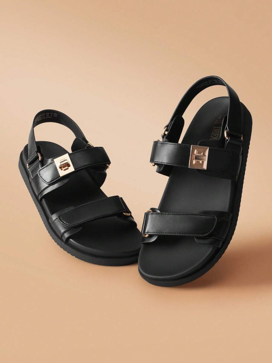 Sandalias planas para mujer, cómodas, de punta abierta, para verano, con ajuste, de moda, lindas y casuales - Negro - Ver 1