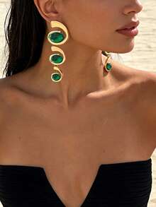 1 Pair Women's Luxury Green Rhinestone Earrings, European And American Style Metal Curved Earrings, Unique Long Dangle Earrings - Yellow Gold - View 3