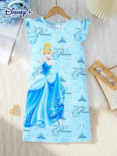 Disney Tween Girls Nightgown: Summer Princess Style Home Wear, Themed With Light Blue Base Replicating Princess Gown Tones, "Secret Princess" Slogan + Crown Elements Echoing Princess Setting; Ruffle Sleeves Add Soft And Airy Touch, Skin-Friendly Breathable Fabric Suitable For Summer Indoors, Infusing Elegant Fantasy Into Hometime, A Sweet Element For Girls' Summer Relaxation