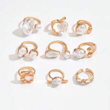 9 Pieces Open Pearl Ring Personalized Light Luxury Baroque Geometric Finger Ring For Women Daily Wear - Multicolor - View 4
