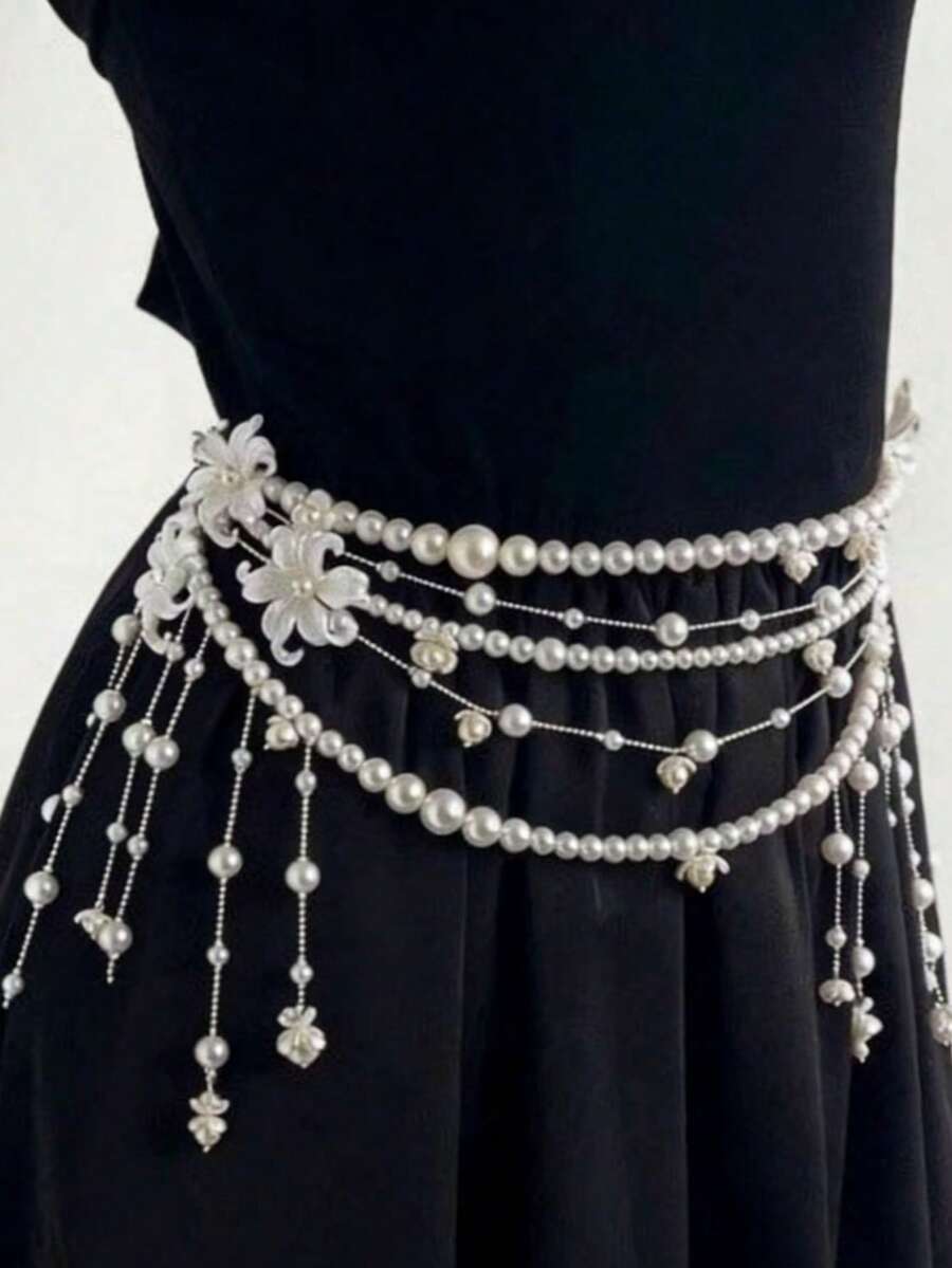 1pc Fashionable Minimalist Pearl Tassel Multi-Layer Waist Chain, Unique Elegant Chic Elegant Sexy Butterfly & Flower Pearl Waist Chain, Women's Holiday Gift, Women's Party Jewelry - Multicolor - View 1
