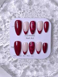 10片手工杏仁形短款美甲贴片，法式美甲，假指甲，杏仁形指甲，红色、粉色、棕色、白色、黑色、豹纹，可爱美甲，手绘渐变条纹和花卉装饰，点缀双星和水钻，优雅可爱，附赠美甲工具，适合女性和女孩美甲用品，手工美甲贴片 - 紅色 - 查看 5
