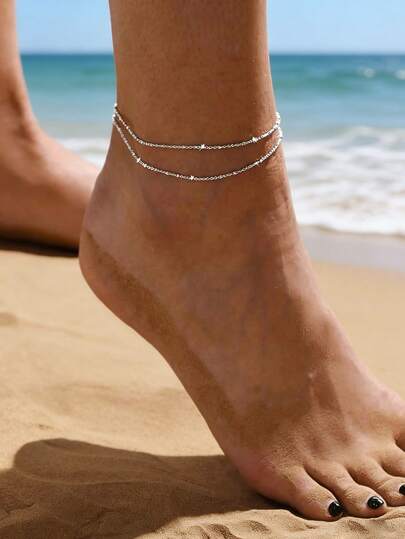 1pc Elegant Multi-Layer Anklet For Women, Alloy Double-Layer Ankle Jewelry, Summer Beach Accessory