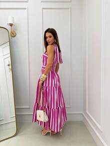 15 Striped All-Over Print Fabric Gathered Hem With Ruffle Wedding Dresses - Hot Pink - View 4