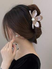 1件装女士艺术复古油画纹理花朵发夹新款珍珠发夹圆盘鲨鱼夹发爪头饰发饰 - 彩色 - 查看 4