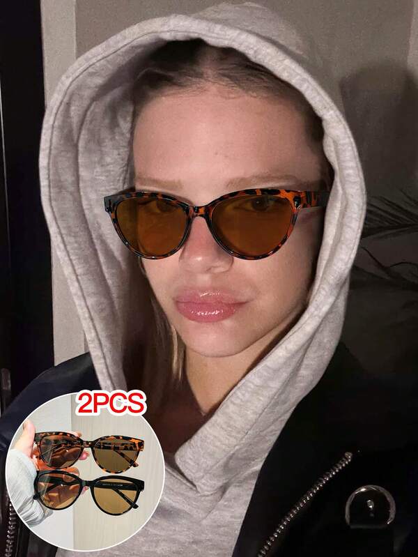 2 piezas Gafas de moda de ojo de gato vintage para mujer, con marco de unicolor y de bloque de color, ligeras y sin presión, con lentes suavemente tintadas, adecuadas para actividades al aire libre, con estuche