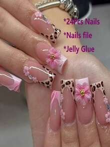 24pcs Leopard Print French Manicure 3D Floral Nail Stickers, European And American INS Style Removable Fake Nails - Pink - View 1