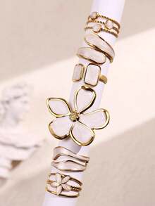 6pcs/Set Vintage Unique Delicate Luxurious Elegant Versatile Creative Asymmetrical Geometric White Enamel Flower Ring Set, Suitable For Daily Wear, Festivals, Parties, Gift For Mom, Wife - Multicolor - View 5