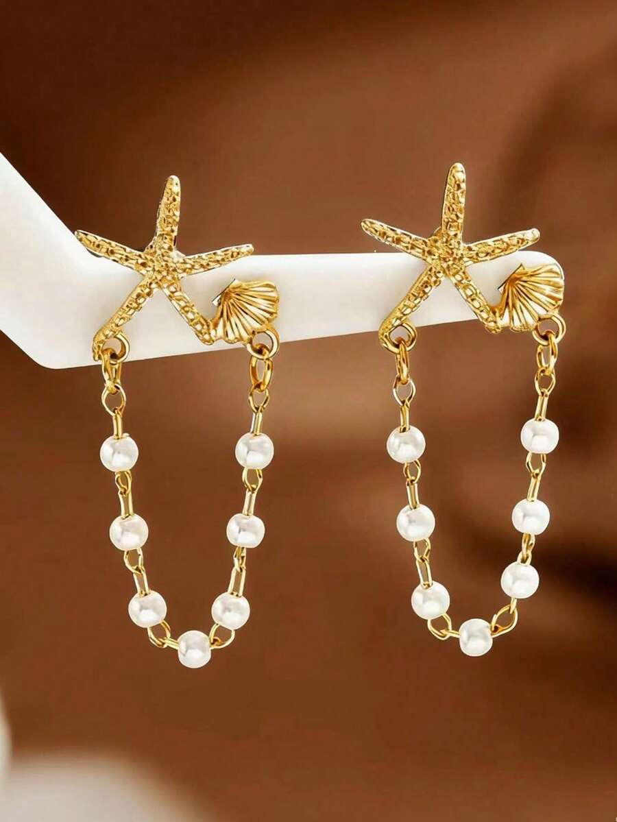 一对精致清新的小众星形贝壳珍珠耳环，百搭款式，适合派对、送礼、日常佩戴。 - 金色 - 查看 1