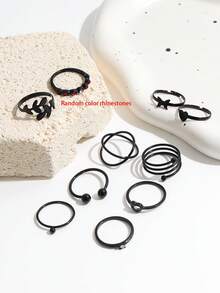 Bộ 10 chiếc nhẫn đeo ngón tay hình trái tim rỗng màu đen, kiểu dáng tối giản với họa tiết lá và dây leo, đính đá pha lê nhiều màu sắc dành cho nữ (màu đá pha lê ngẫu nhiên). - màu đen - Xem 3