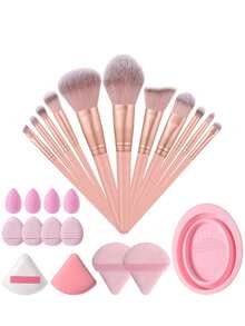 24件套化妆工具套装，包含：11支化妆刷套装+4个迷你气垫粉扑+4个迷你化妆海绵+2个云朵棉粉扑+2个三角粉扑+1个化妆刷清洁工具，一应俱全，新手友好 | 方便旅行携带，送礼佳品 | 新手/女性的完美之选 - 彩色 - 查看 12
