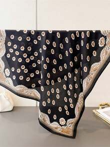 1件休闲佩斯利花纹人字纹印花围巾，时尚亚麻天鹅绒质感沙滩披肩、头巾、手提包配饰，适合度假旅行 - 黑 - 查看 2