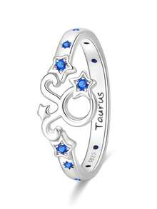 女士金牛座星座星形戒指，925纯银镶嵌蓝色立方氧化锆，开口可调节，星座图案，精致简约的星空饰品，适合日常佩戴或派对礼物 - 藍色 - 查看 11