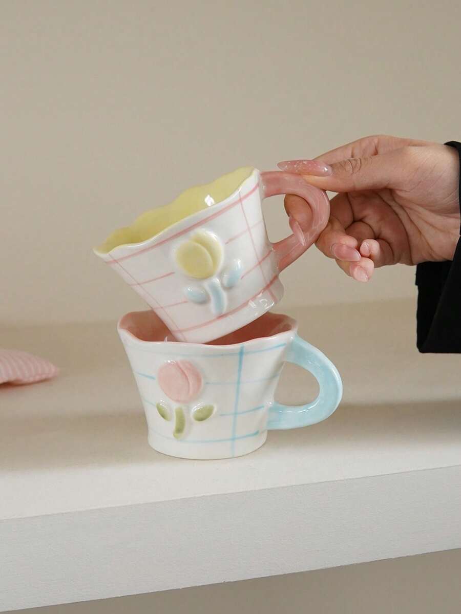 1pc 220ml Ceramic Coffee Cup With Embossed Floral Design Minimalist Asymmetric Rim Mug Pink Checkered Pattern With Blue Stripes Suitable For Home Decor Tableware Coffee Shop Latte And Milk Cup Summer Party Beverage Cup Giftware